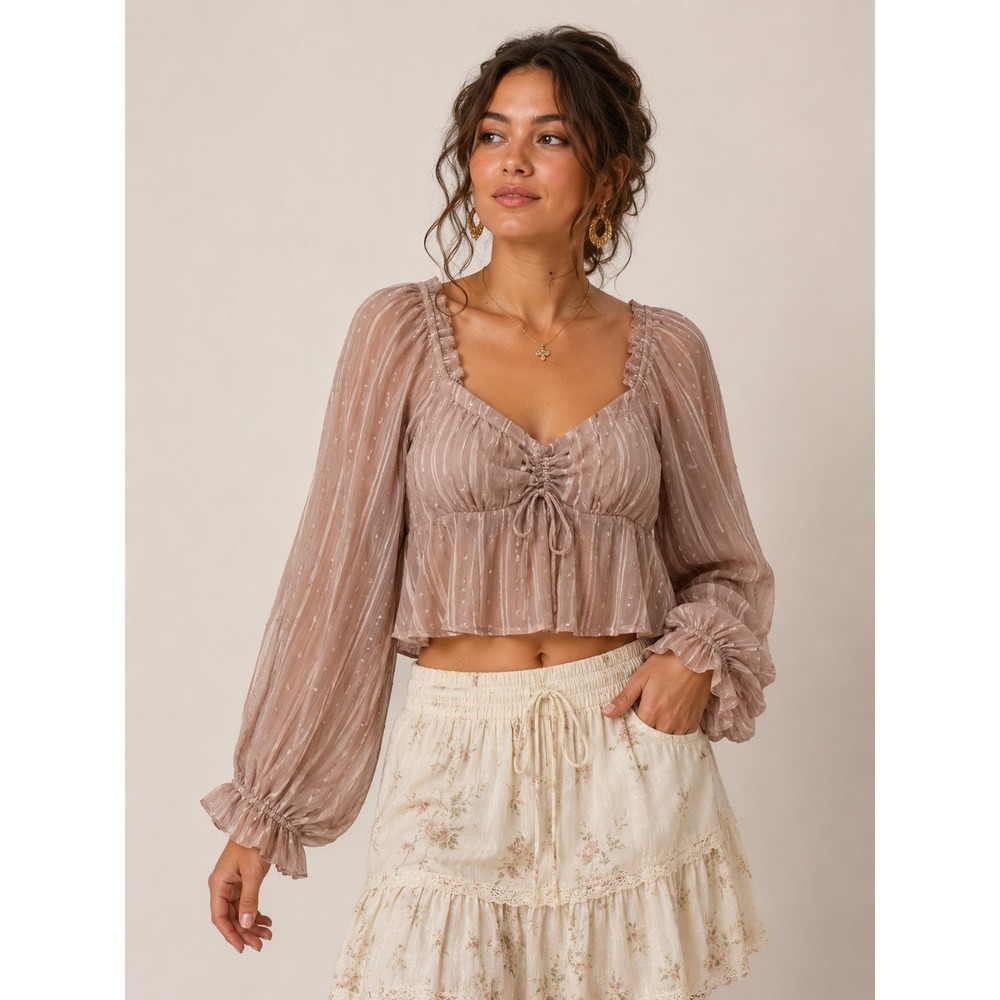Urban Romantics Swiss Dot Peasant Crop Top Cottagecore Coquette Blush Pink L